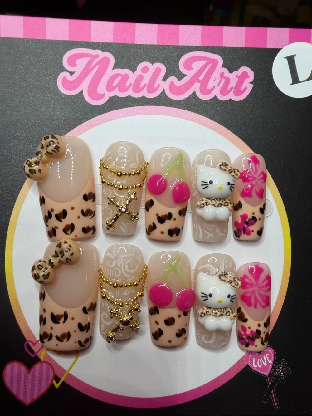 Hello Kitty Leopard Cherry Press-On Nails - Pink & Beige